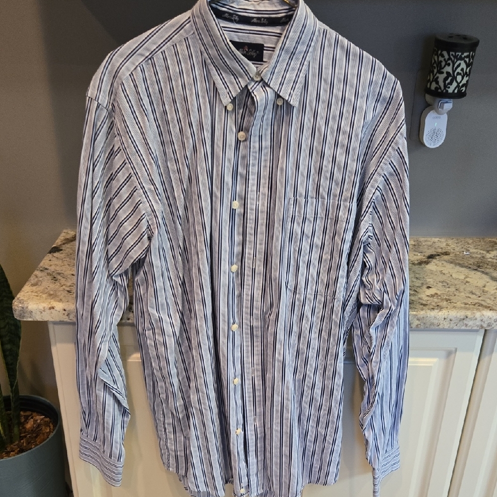 Allen Solly Men's Blue and White Striped Long-Sleeve Shirt Large 100% Cotton
